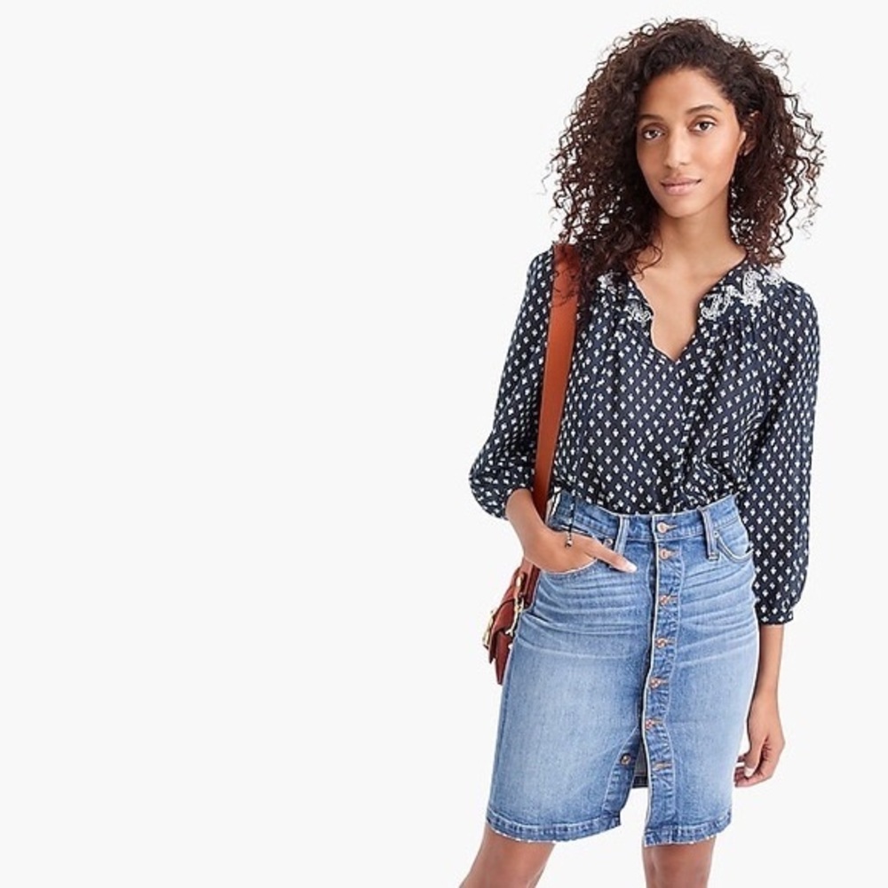J Crew Point Sur Embroidered Print Peasant Blouse